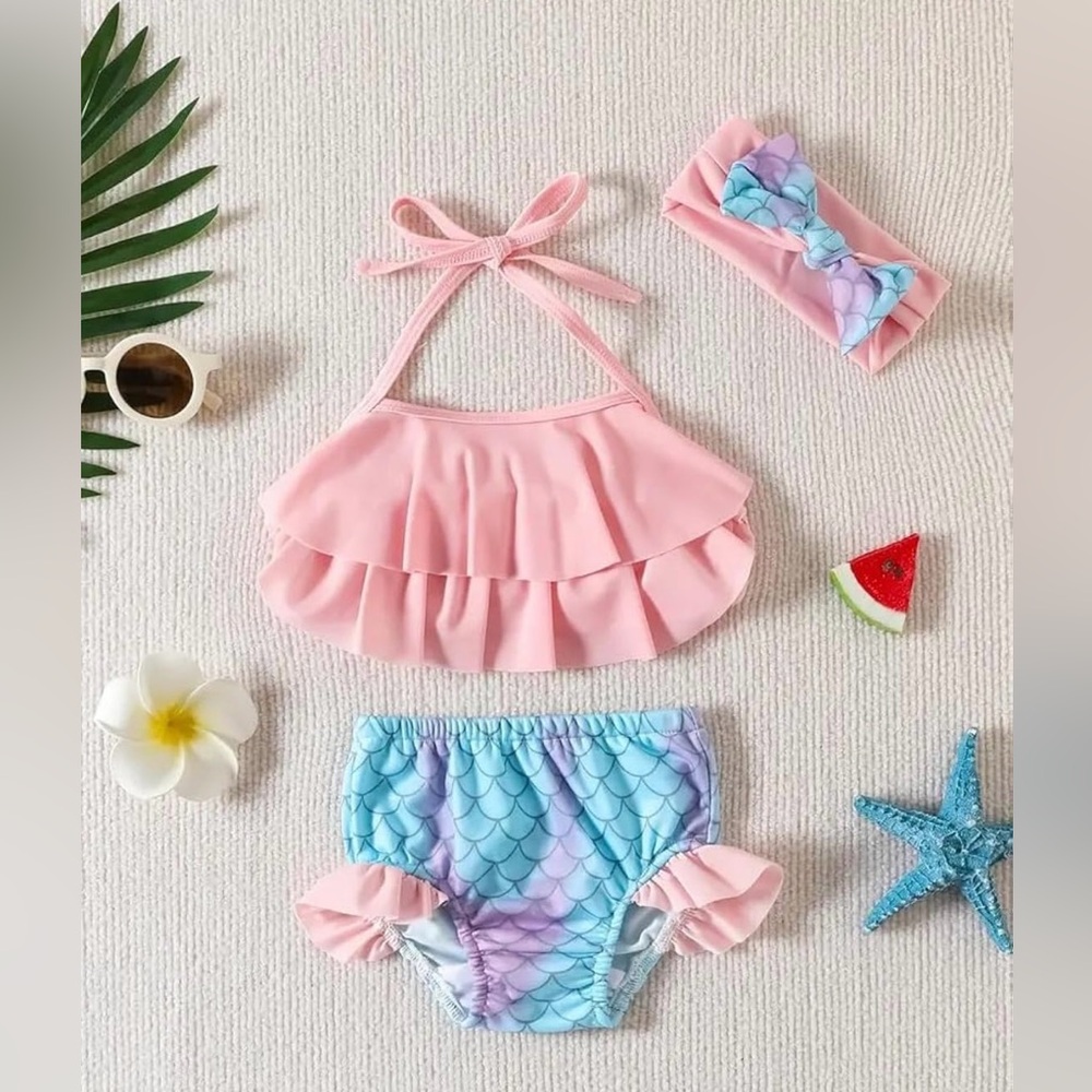 NEW Generic Girls’ 3pc Swim Set Ruffle Halter Top Mermaid Shorts & Headband 3-4T